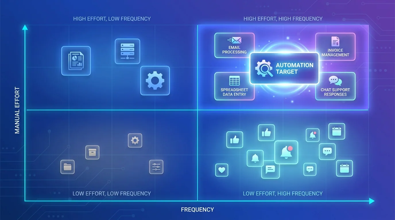 A prioritization grid sorting business tasks by frequency and effort to find the best automation candidates