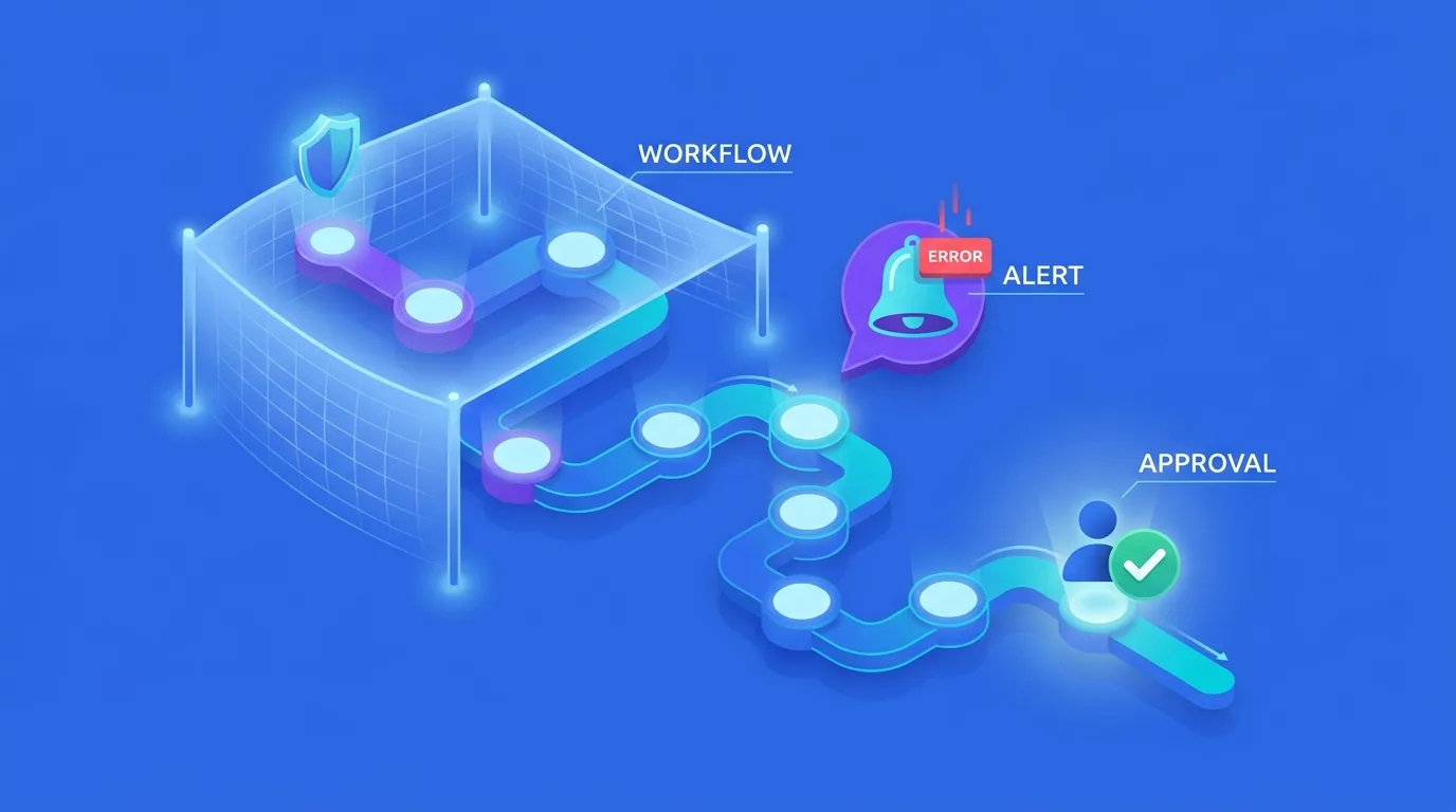 A safety-net illustration showing error handling and human approval protecting an automated workflow