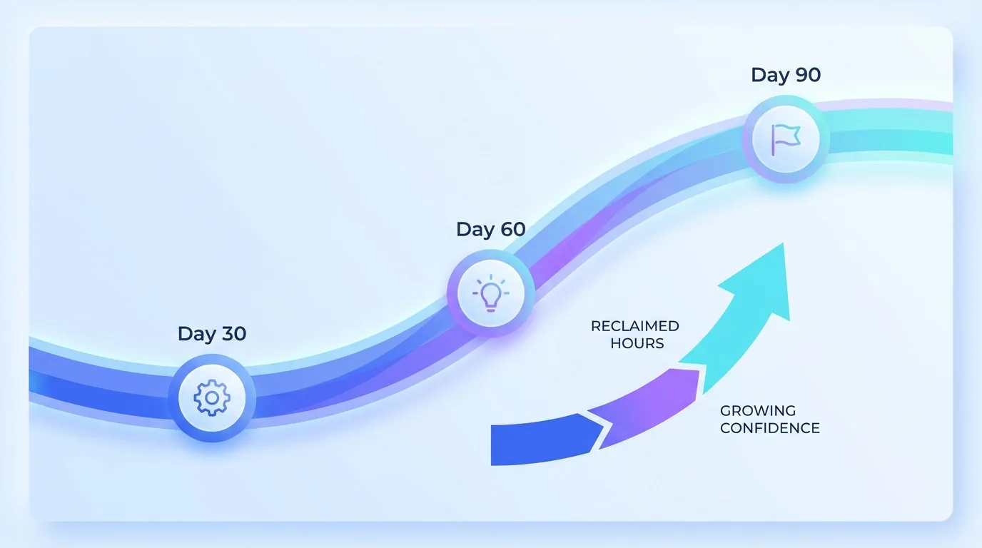 A 90-day automation roadmap timeline showing growing time savings for a small business