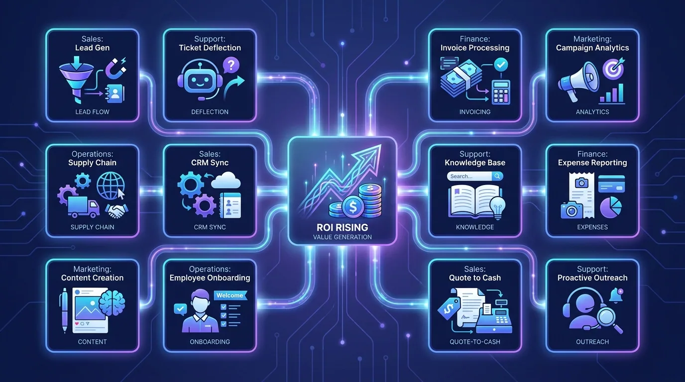 A dashboard of twelve high-ROI AI automation use cases driving measurable business returns in 2026