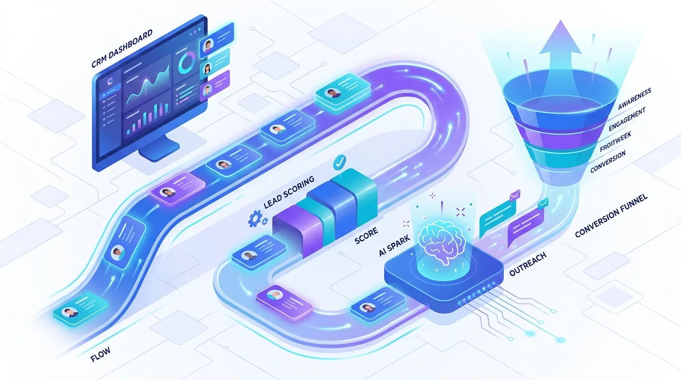 Sales and marketing automation workflows including lead follow-up, scoring, and personalized outreach