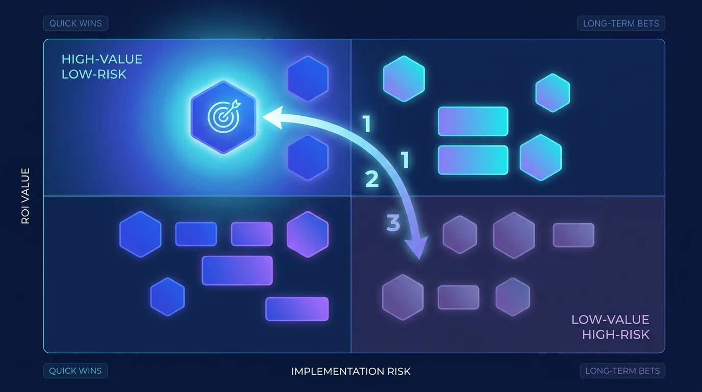 A prioritization matrix ranking AI automation use cases by ROI and implementation risk