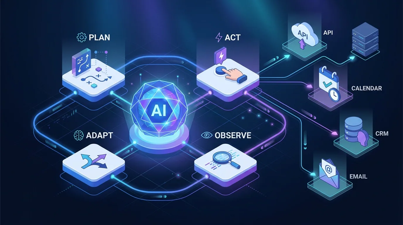 Diagram of an AI agent loop showing plan, act, observe and adapt steps connected to tools, APIs and a database