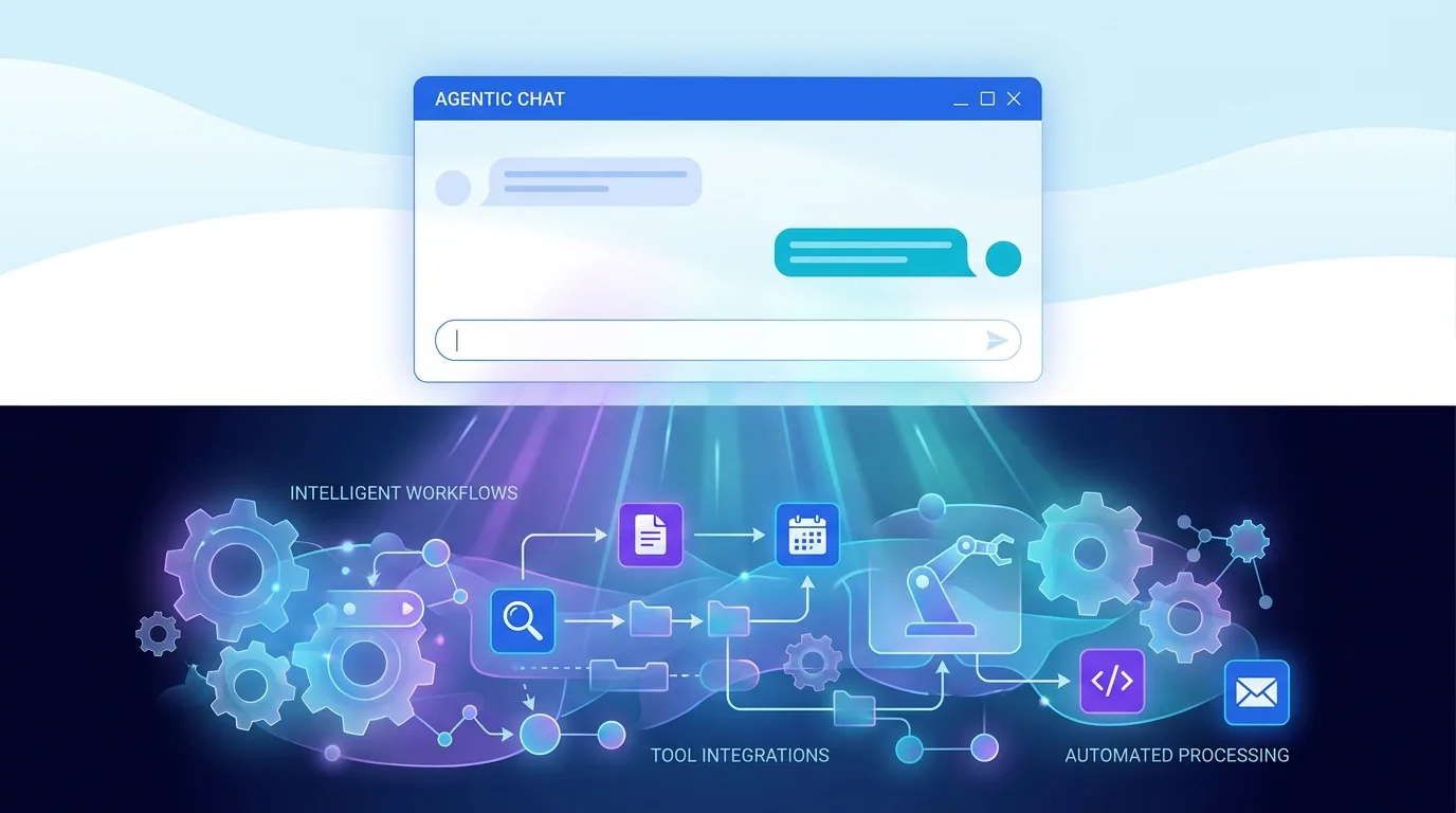 A conversational chat window on the surface with hidden machinery of connected tools and workflows working beneath it, representing an agentic chatbot