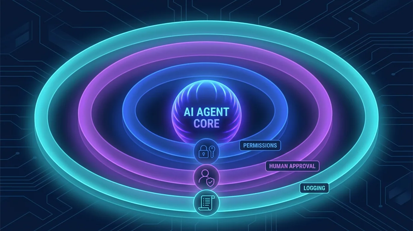 An AI agent surrounded by protective guardrail layers showing permissions, human approval, and logging controls