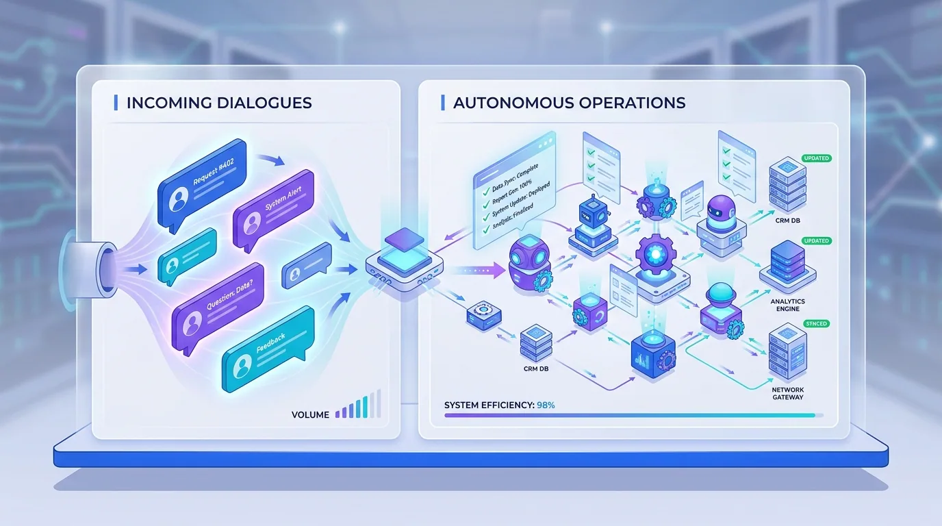A business team dashboard showing chatbots handling conversations and AI agents completing tasks side by side