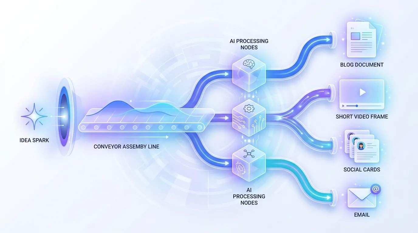 A glowing automated content pipeline turning one idea into posts, videos, and emails across multiple channels, representing an AI content pipeline in 2026