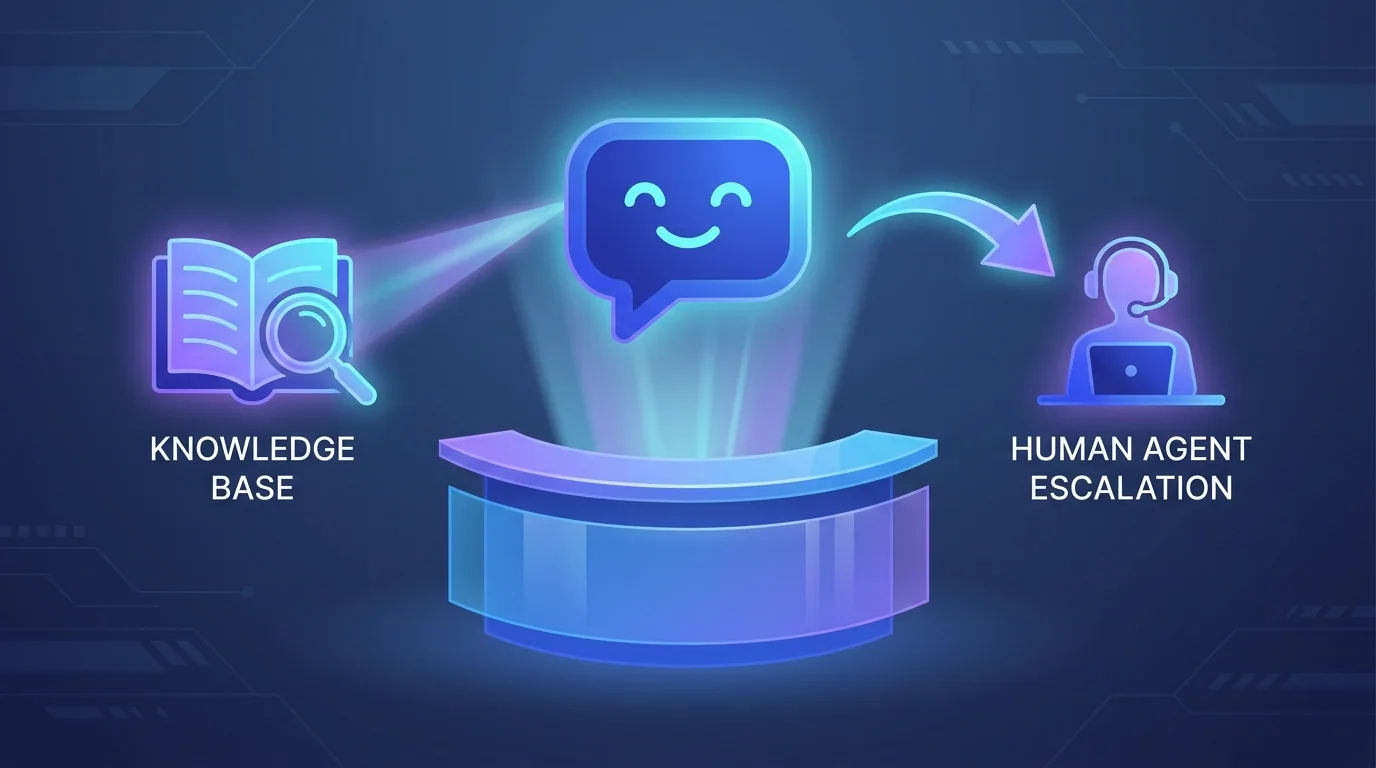 An AI customer support agent chat bubble hovering over a help desk, connected to a knowledge base and escalation path in 2026