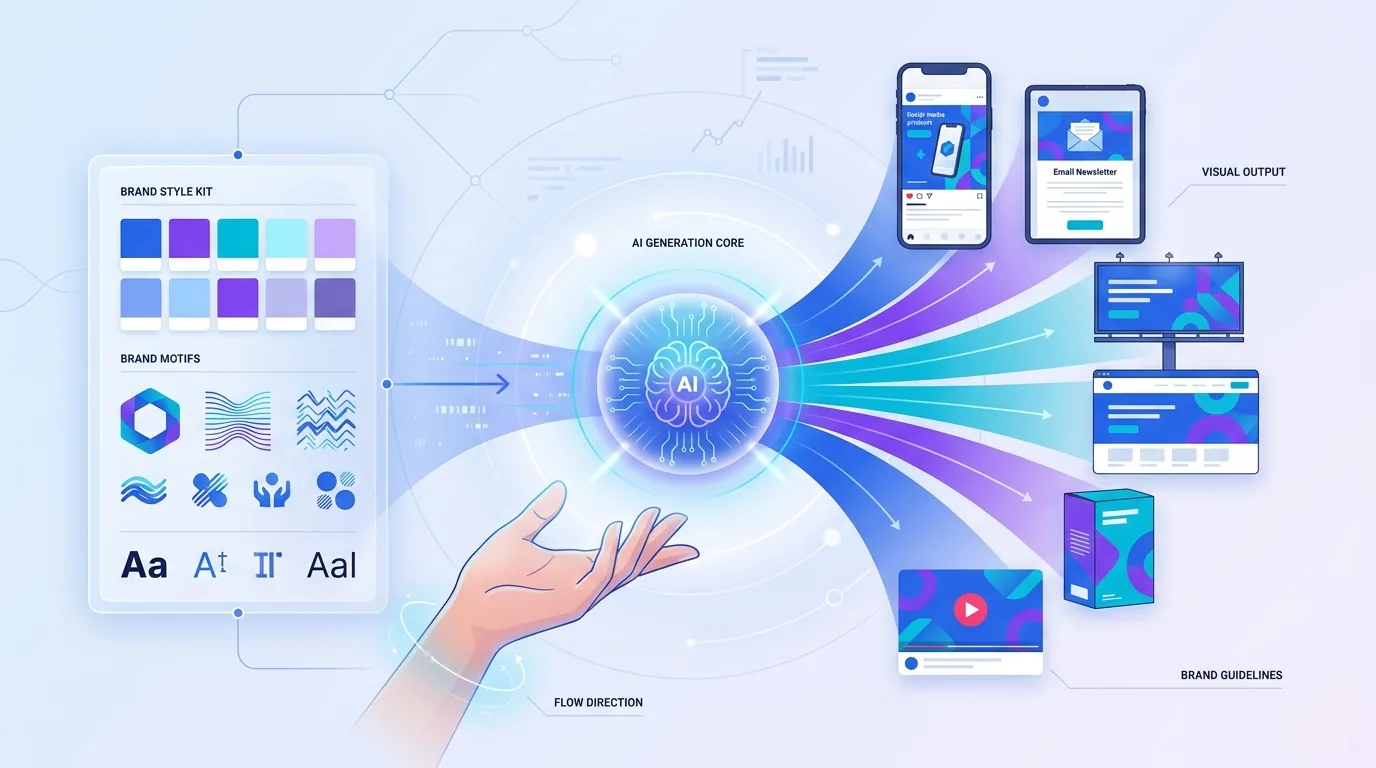 Creative workflow where an AI image generator outputs on-brand marketing visuals guided by a brand style kit