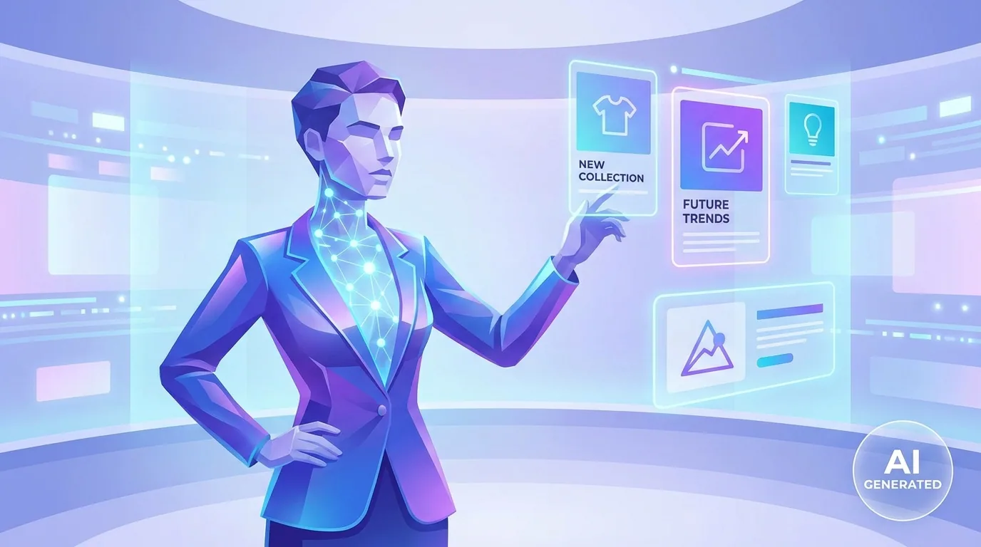 A stylized AI-generated virtual influencer figure presenting branded content with a clear AI-generated disclosure label, representing AI influencers in 2026