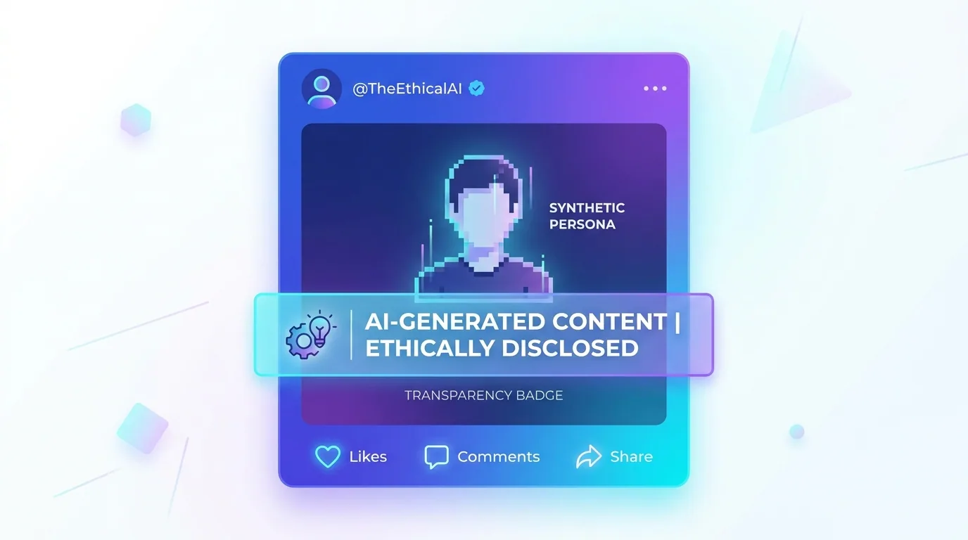 A virtual influencer post with a clear AI-generated disclosure label and transparency badge prominently displayed