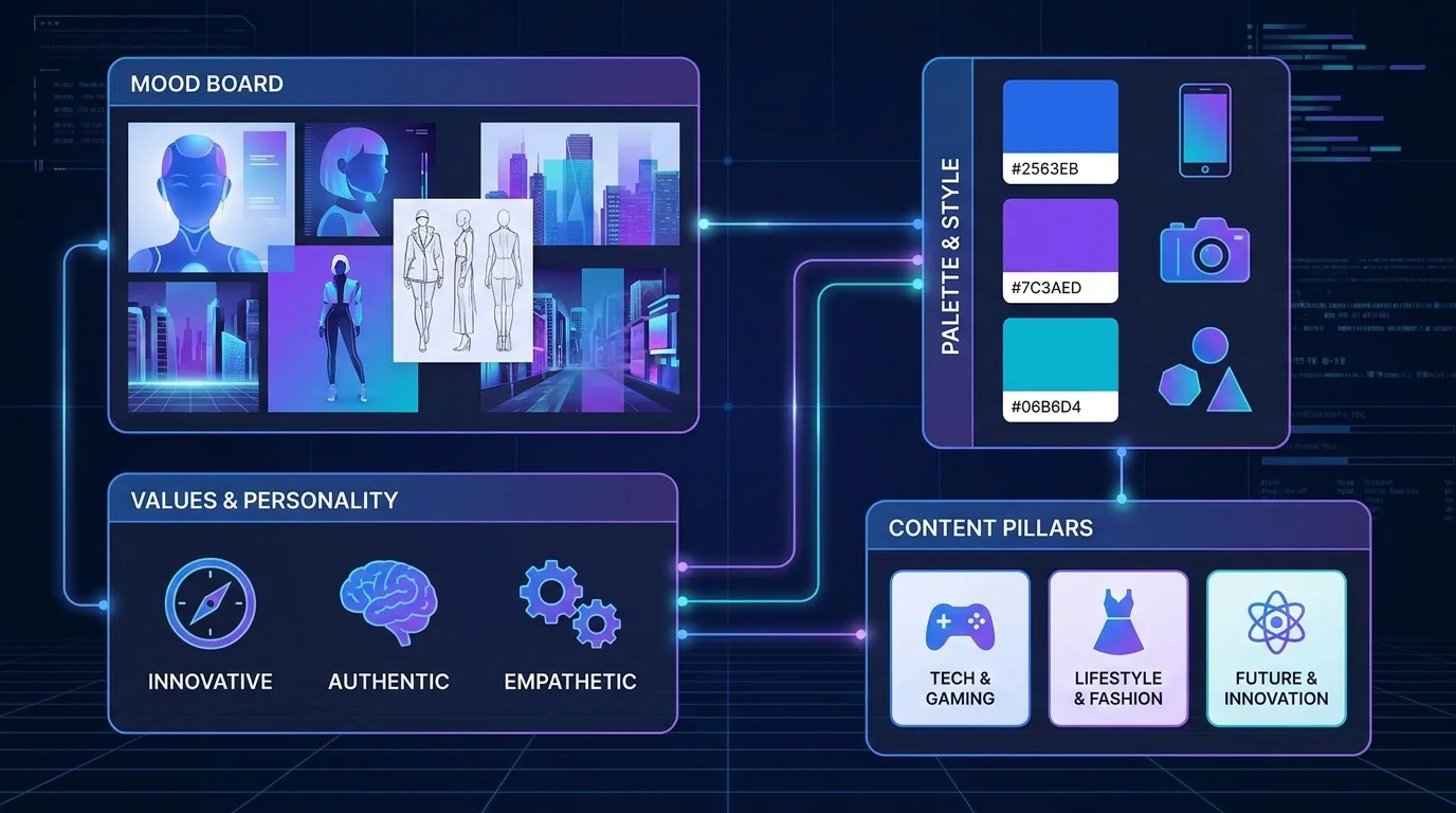 A design board mapping an AI influencer's personality, visual style, values, and content pillars aligned with a brand identity