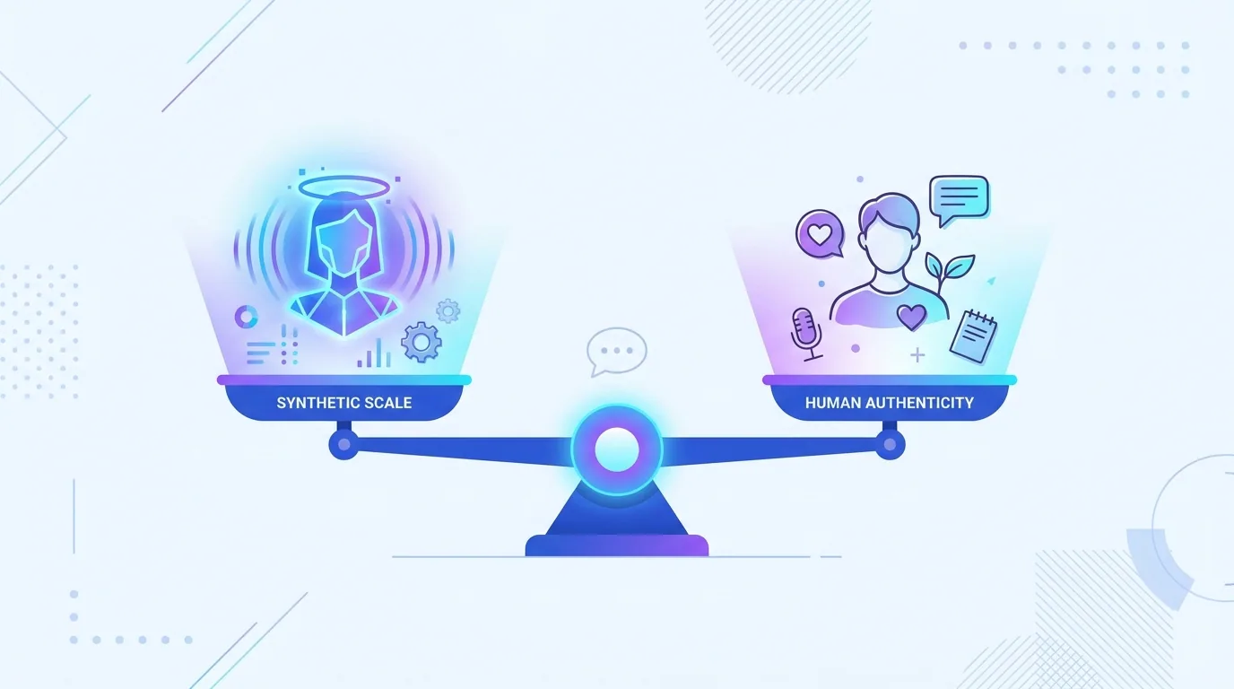 A decision scale weighing AI virtual influencers against human creators for authenticity-sensitive campaigns