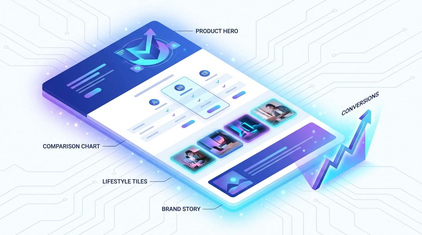 Polished Amazon A+ content product detail page with brand story modules, comparison chart, and lifestyle imagery in 2026