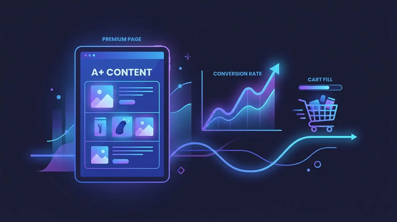 Completed premium Amazon A+ content page driving a rising conversion rate chart in 2026