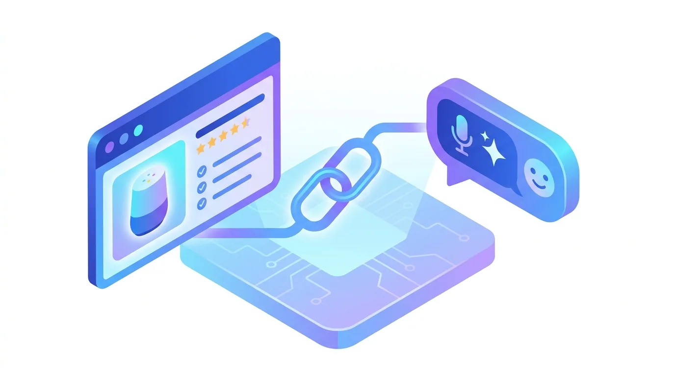 An Amazon product listing card with a 5-star rating connected to a conversational shopping assistant bubble, representing Amazon listing optimization in the Alexa for Shopping era of 2026