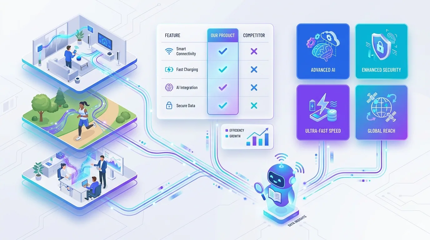 An Amazon A+ Content layout with lifestyle images, a comparison chart, and feature modules that both convert shoppers and feed the AI assistant