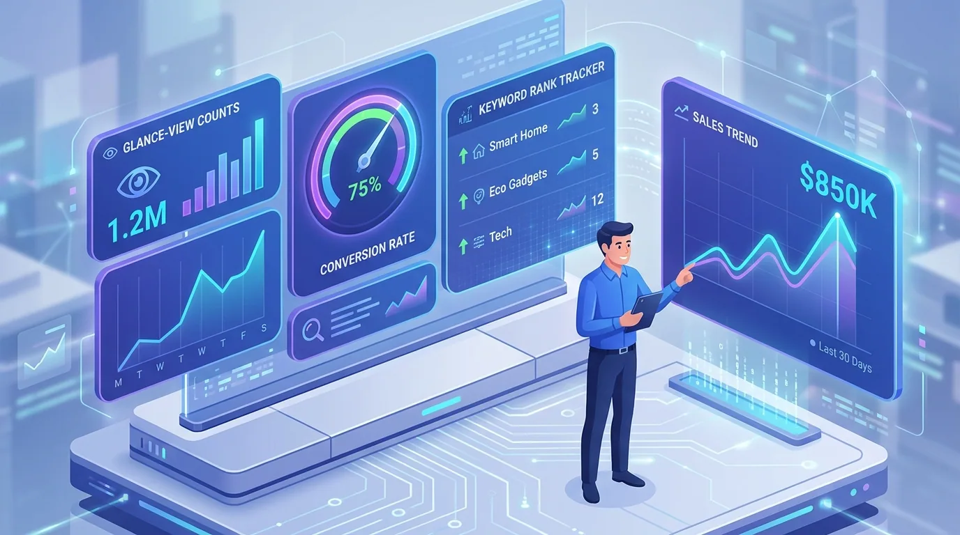 An Amazon seller analytics dashboard tracking glance views, conversion rate, and keyword rank to measure listing optimization performance