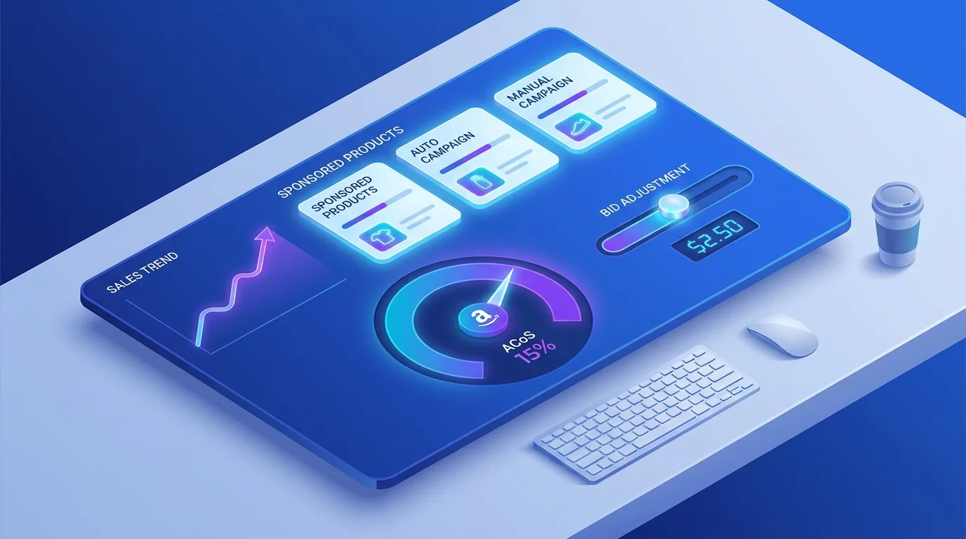 Amazon PPC advertising dashboard with Sponsored Products campaigns, ACoS gauge, and rising sales chart for beginners in 2026