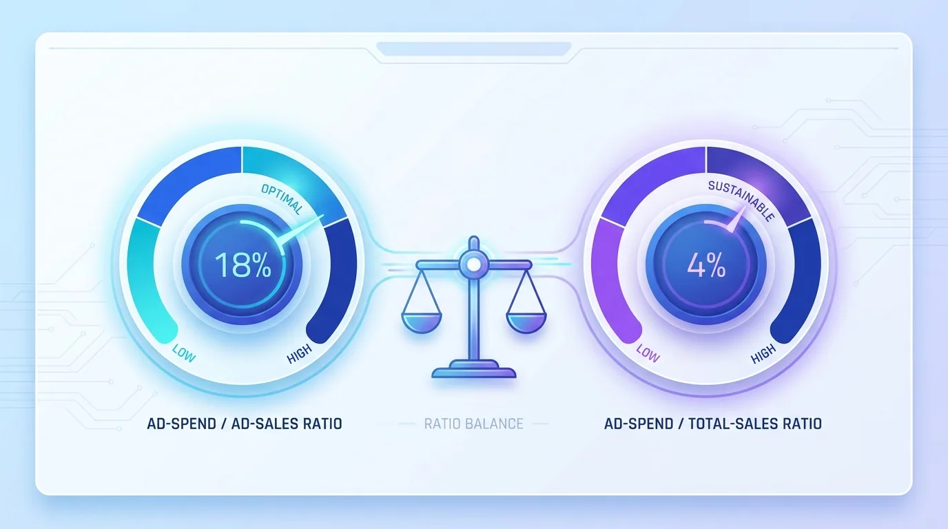 Diagram comparing ACoS as ad spend over ad sales versus TACoS as ad spend over total sales for Amazon PPC