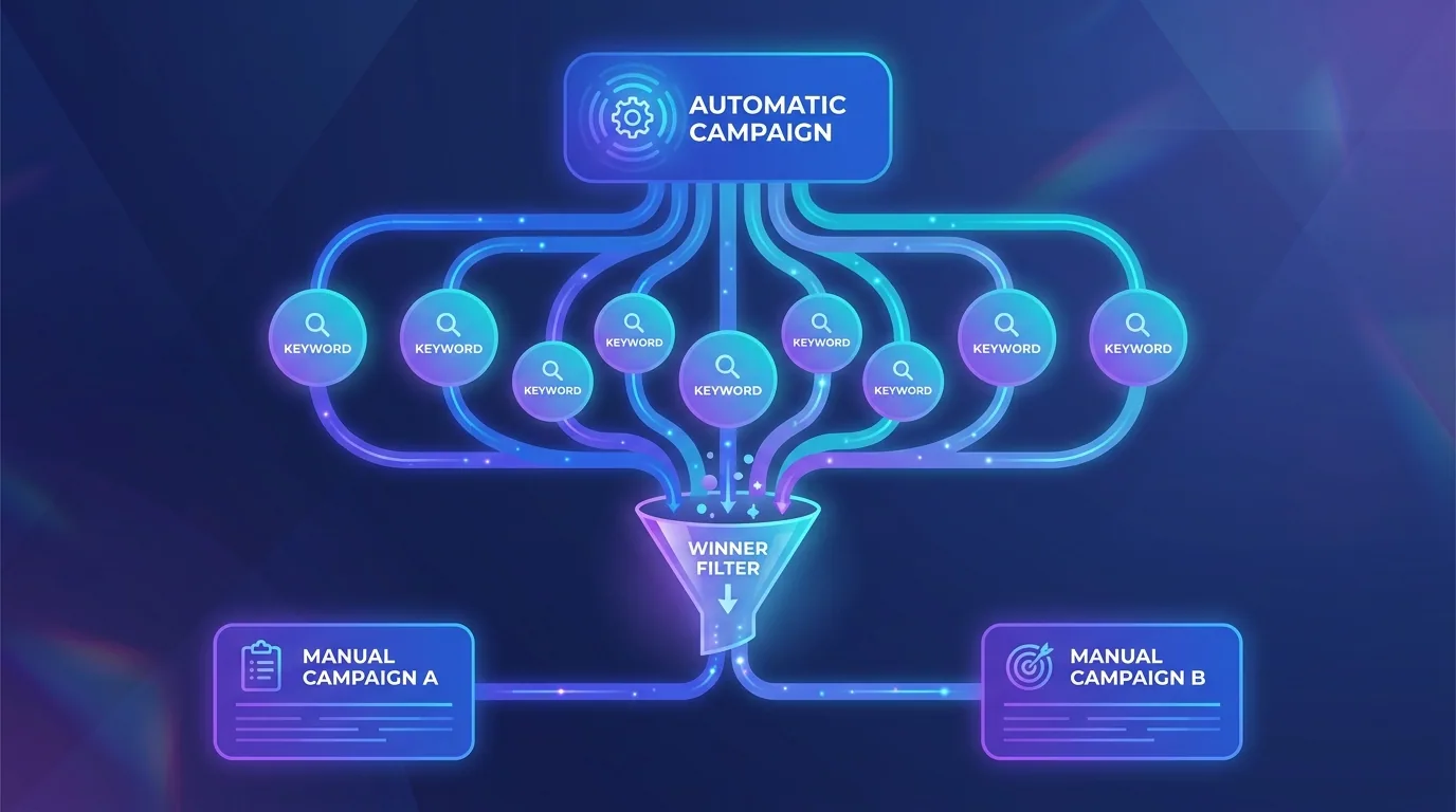 Campaign structure flow showing an automatic Amazon campaign feeding winning keywords into manual campaigns