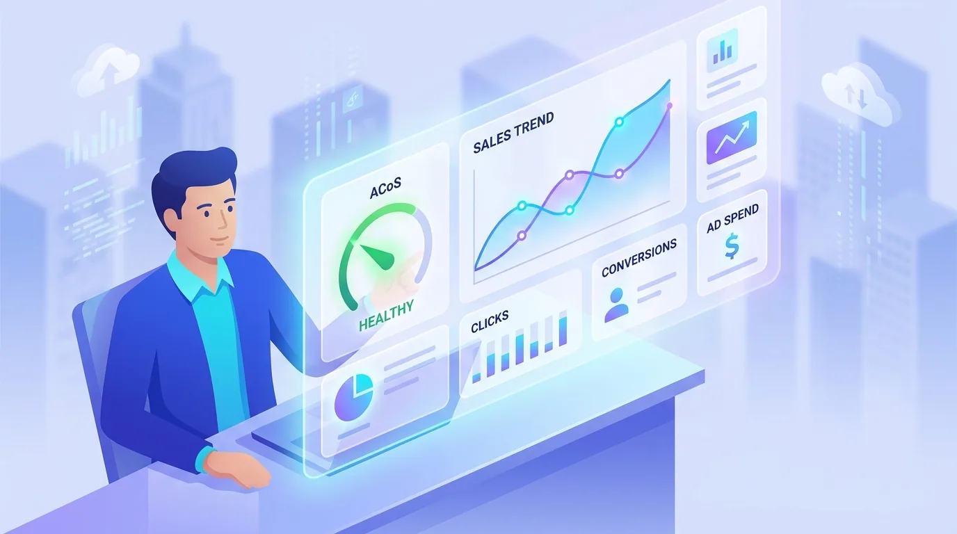 Confident beginner Amazon seller reviewing a profitable PPC dashboard with healthy ACoS and growing sales in 2026