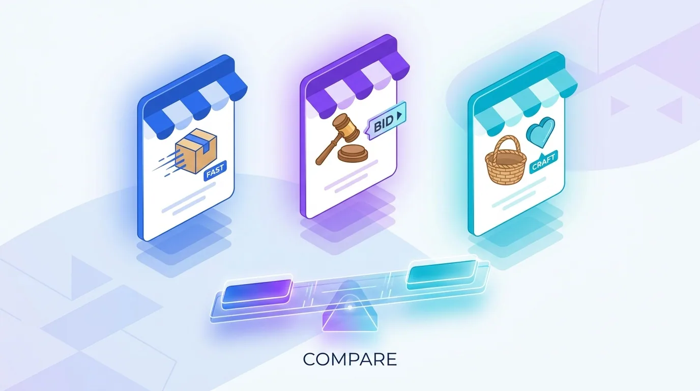 Three glowing marketplace storefront cards labelled with shopping, auction, and handmade icons representing Amazon vs eBay vs Etsy in 2026