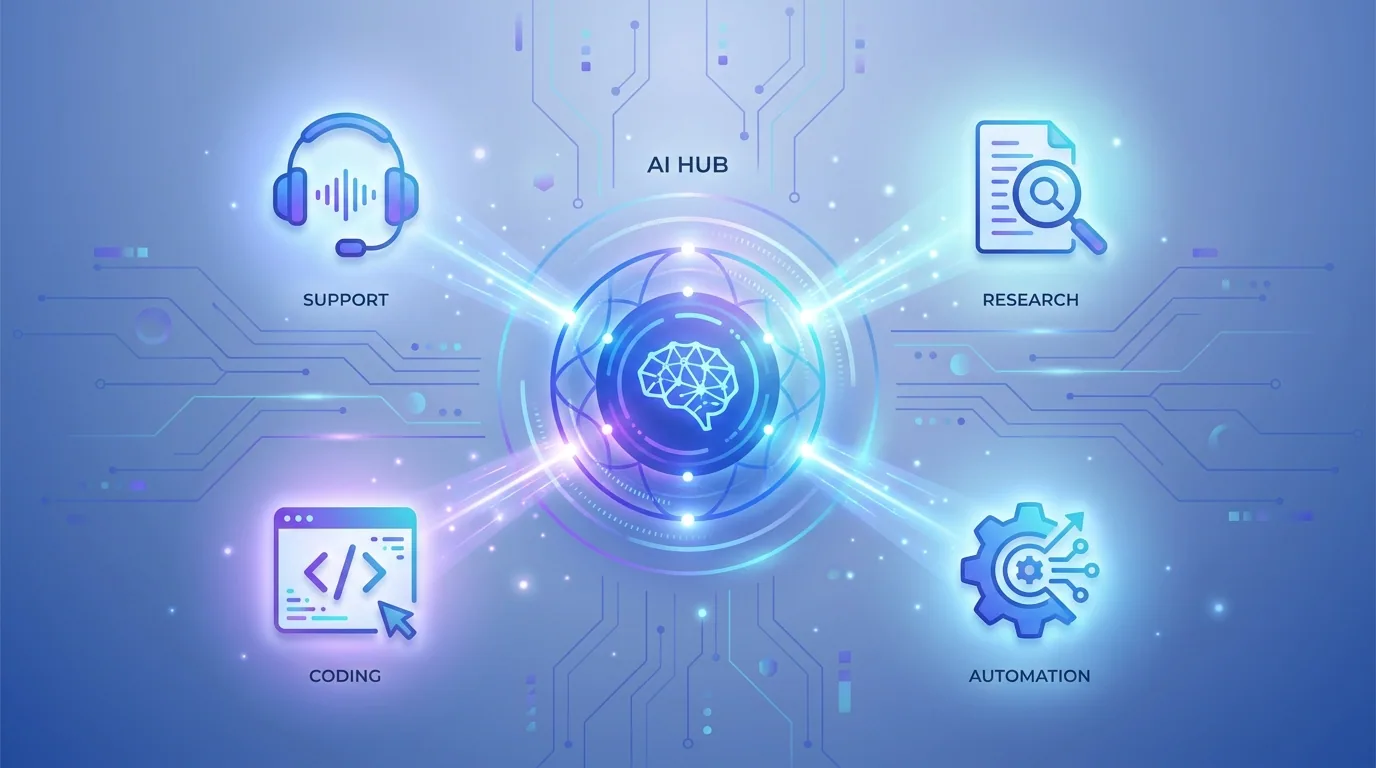 Claude AI assistant represented as a glowing hub connected to business workflows like support, research, and coding in 2026