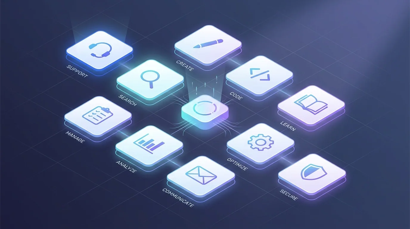 Grid of ten Claude AI business use cases including customer support, research, drafting, and coding assistance