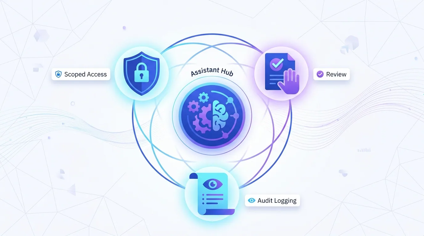 Responsible Claude adoption diagram showing scoped access, human review, and audit logging around the assistant