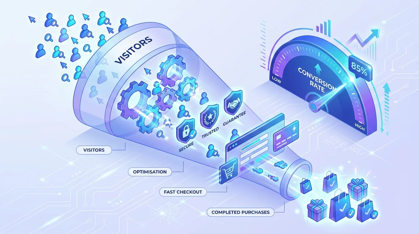 Ecommerce conversion rate optimization concept showing a funnel turning website visitors into completed purchases in 2026