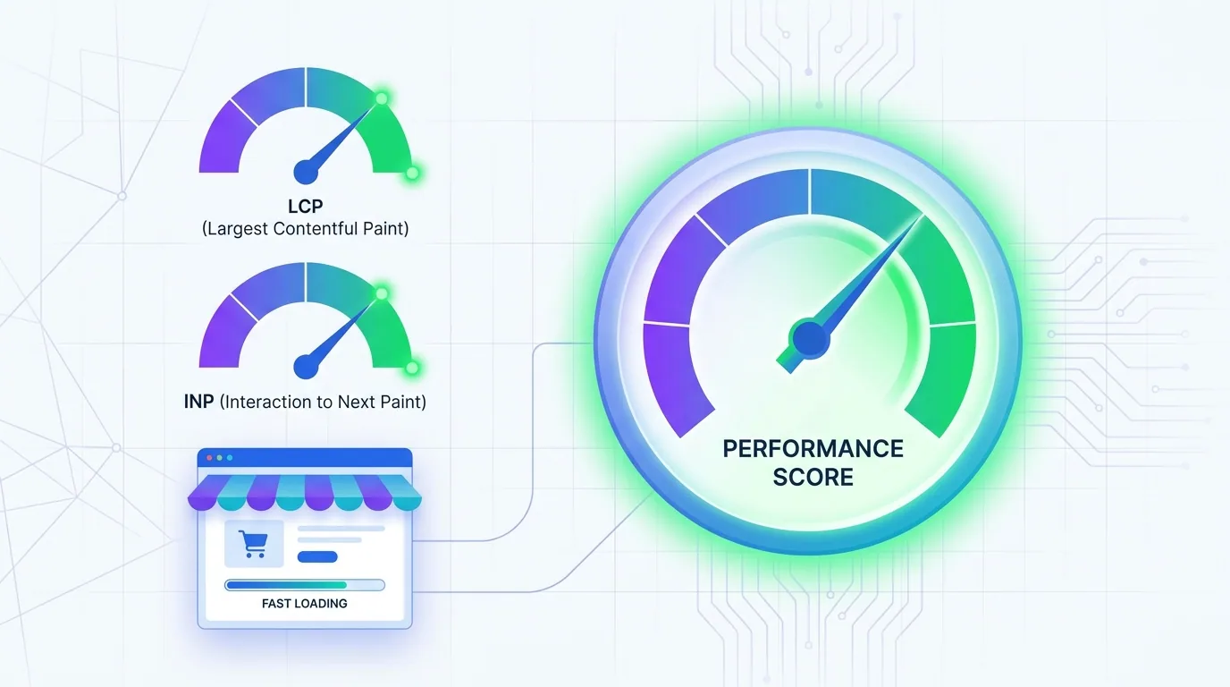 Web performance dashboard with Core Web Vitals gauges for LCP and INP in the green, showing a fast ecommerce site