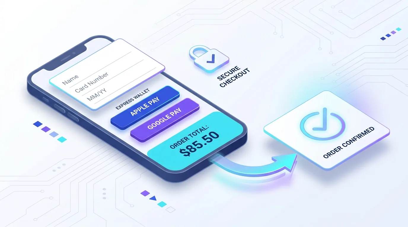 Streamlined mobile checkout flow with guest checkout, express payment buttons, and clear total cost