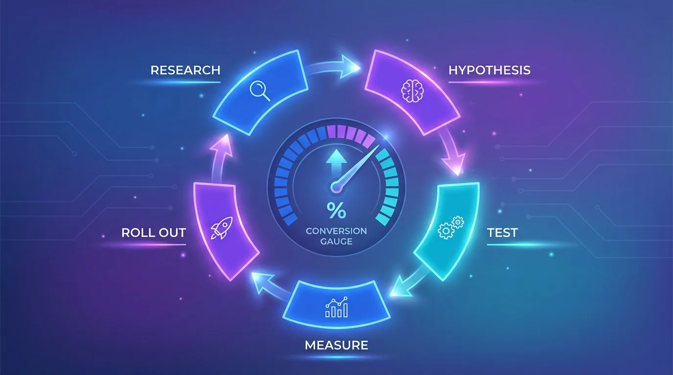 Continuous CRO process loop showing research, hypothesis, test, measure, and roll-out stages