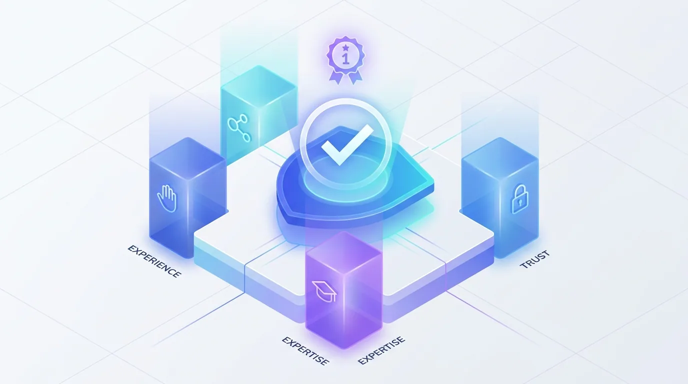 Four interlocking pillars labelled Experience, Expertise, Authority, and Trust supporting a glowing search ranking badge, representing E-E-A-T SEO in 2026