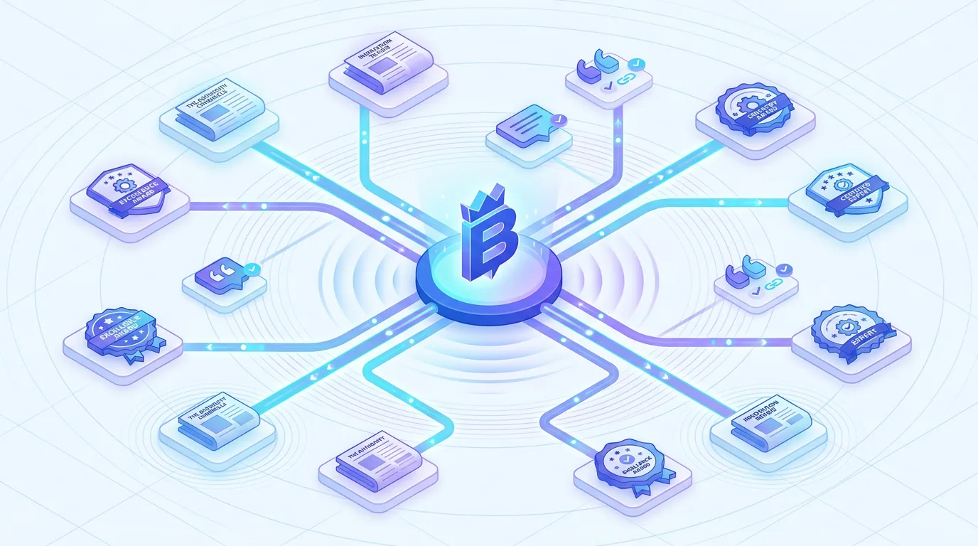 A central brand node connected by glowing links to respected industry sites, publications, and citation badges, representing authority and backlinks