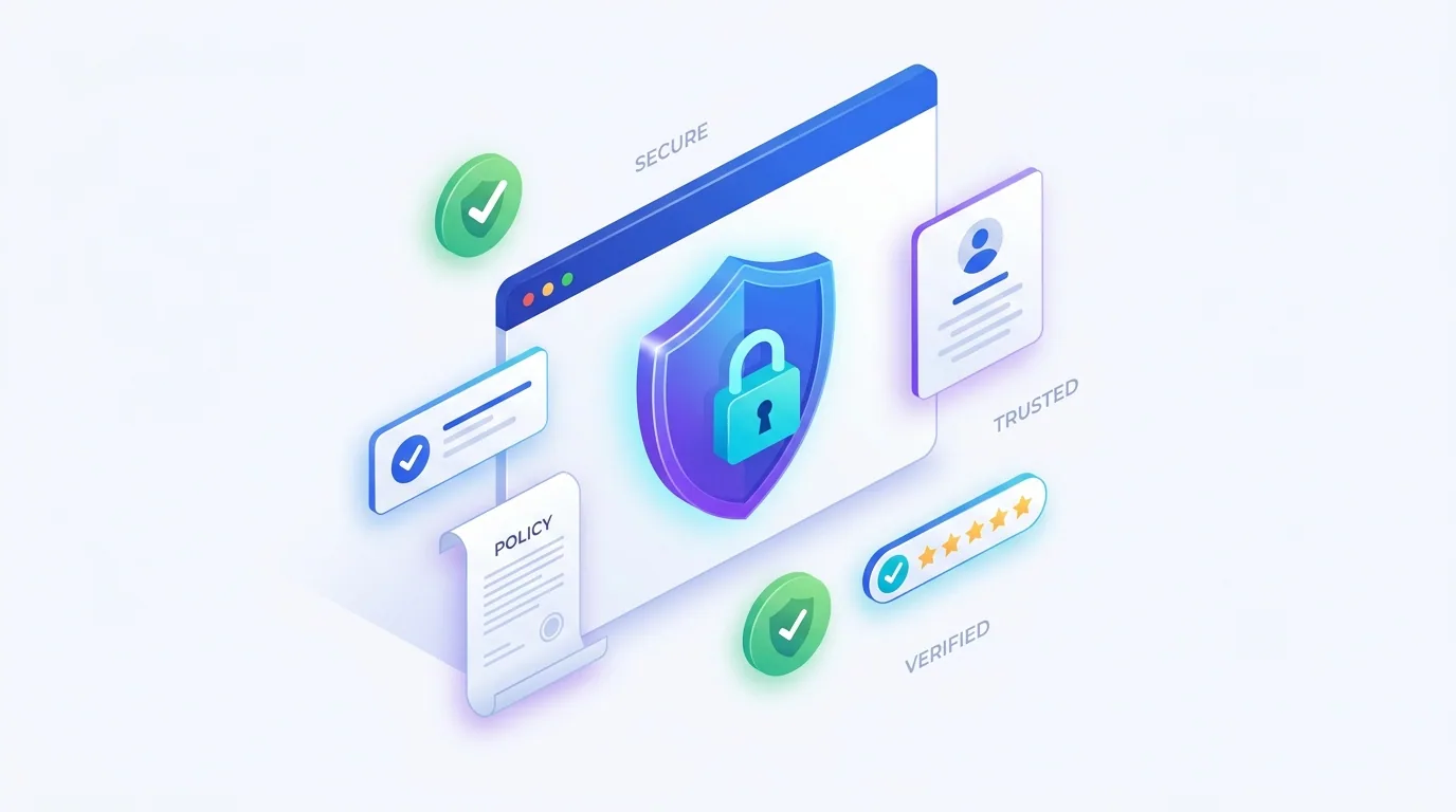 A website shield with a padlock, verified contact and policy icons, and green security checkmarks, representing site trust signals