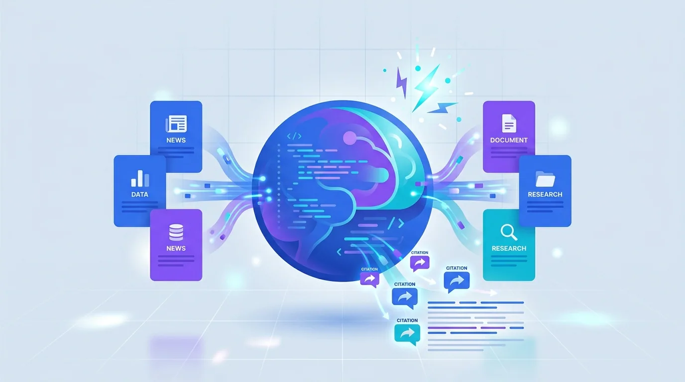 A generative AI engine composing an answer from multiple branded sources, illustrating generative engine optimization in 2026