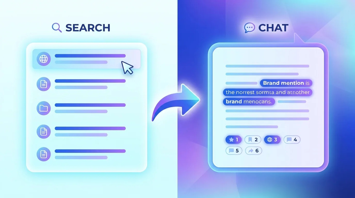 Comparison diagram showing SEO ranked links on one side and a GEO brand mention inside a generated AI answer on the other