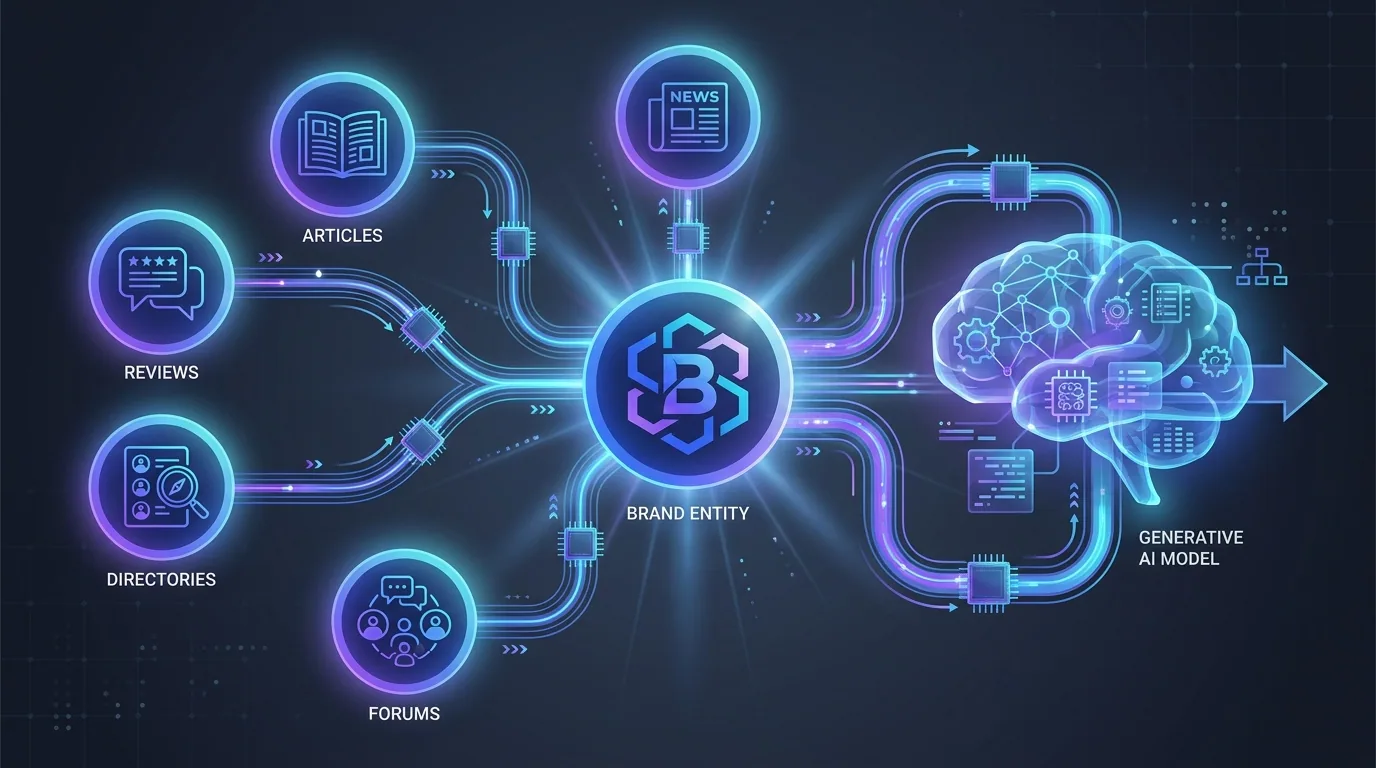 Diagram of a brand entity connected to multiple authoritative web sources feeding a generative AI model