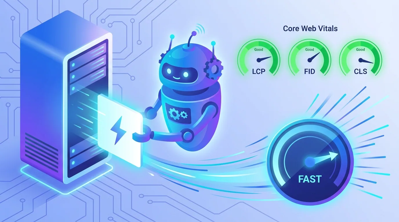 AI crawler retrieving a fast-loading page with strong Core Web Vitals gauges in the green range