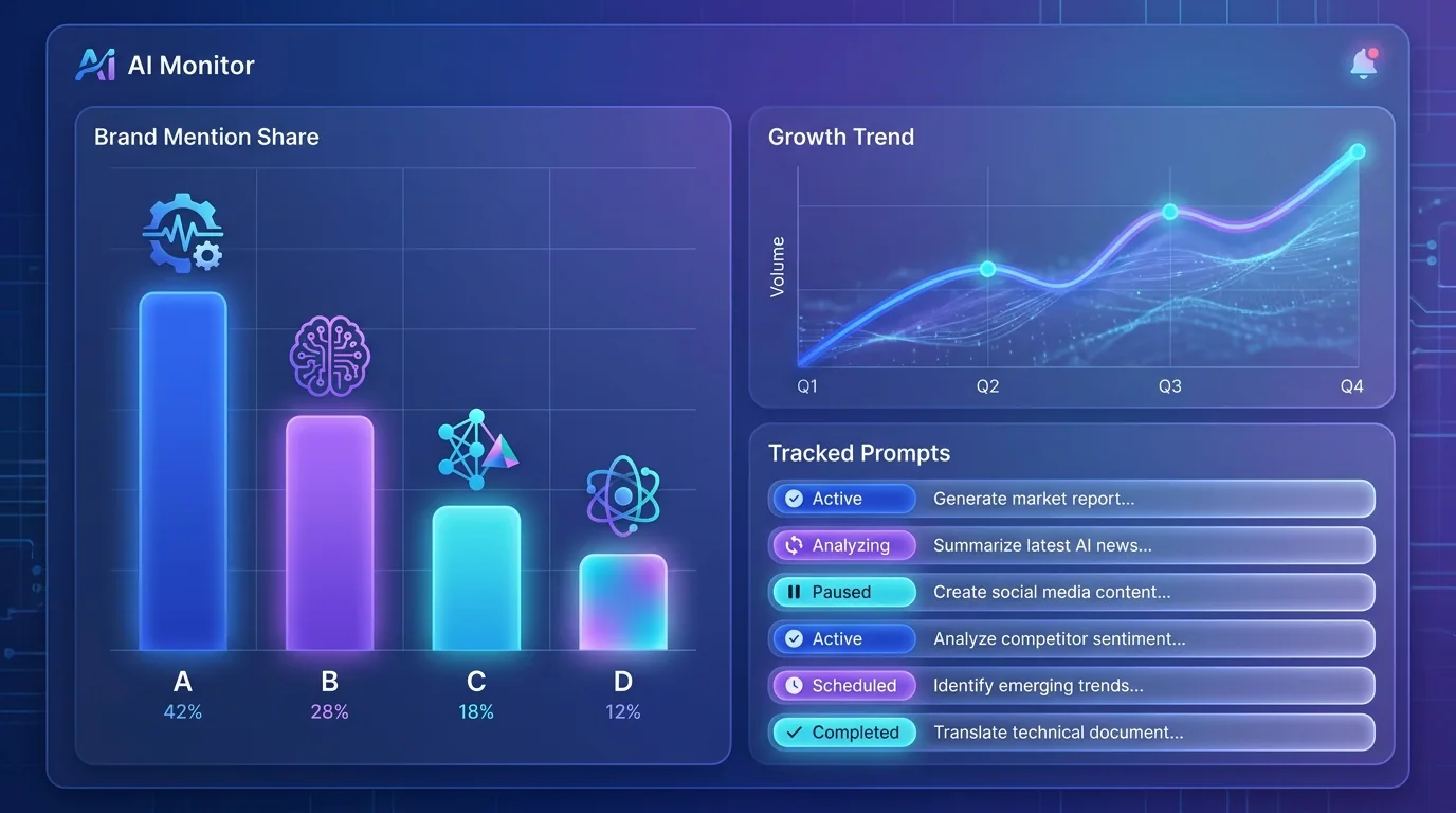 Dashboard tracking brand mention share across multiple generative AI engines over time