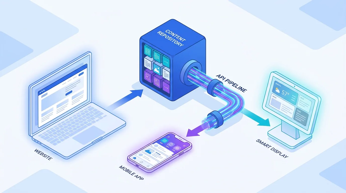 Headless CMS concept showing a content backend decoupled from multiple front-end devices via an API