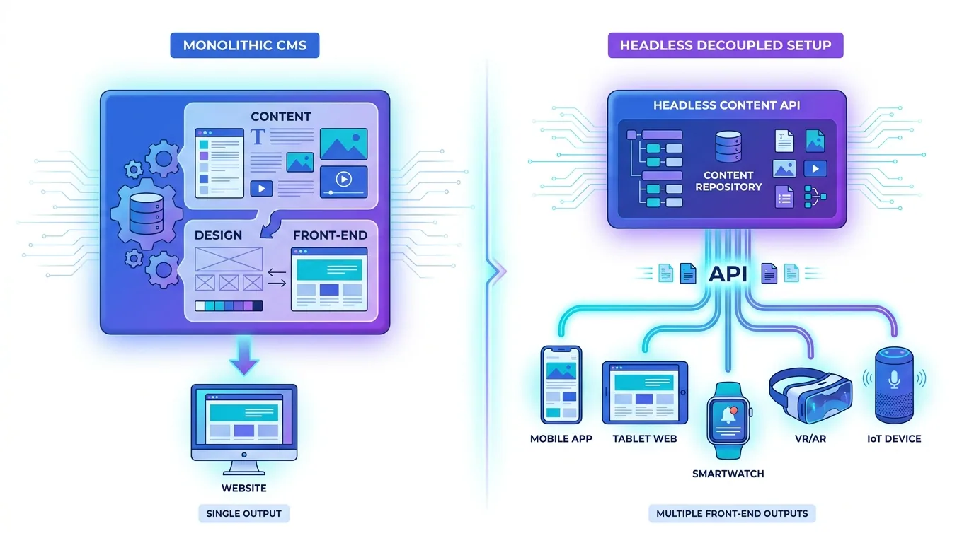 Side-by-side diagram of a traditional coupled CMS versus a decoupled headless CMS connected by an API