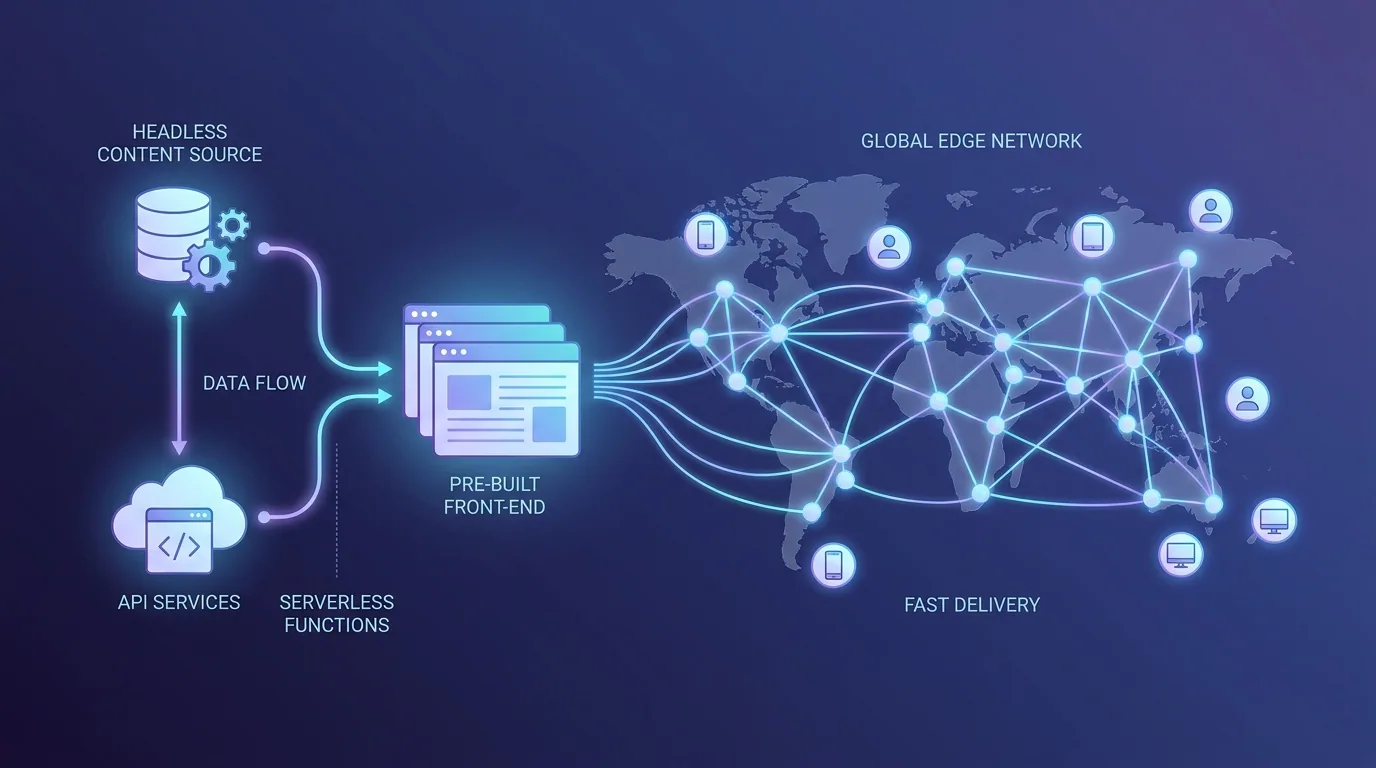 Jamstack architecture showing a headless CMS and APIs feeding a pre-built front end served from a global edge network