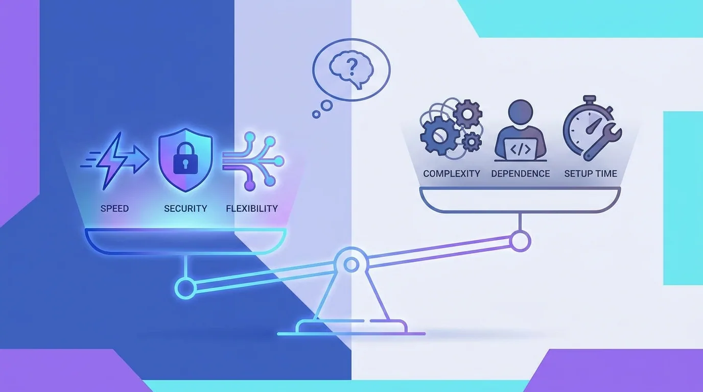 Balance scale weighing headless CMS benefits like speed and flexibility against costs like complexity and developer dependence