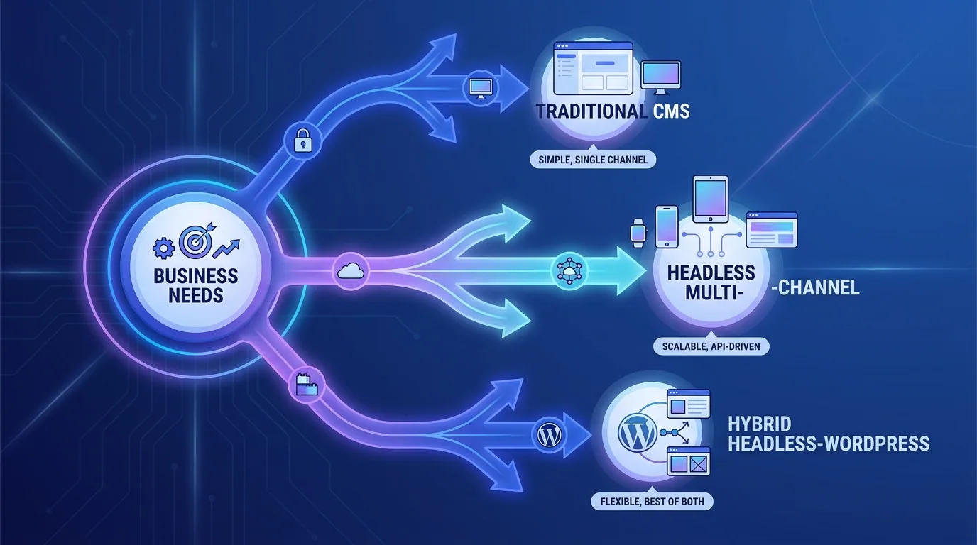 Decision guide matching business needs to a headless CMS, a traditional CMS, or a hybrid headless WordPress setup