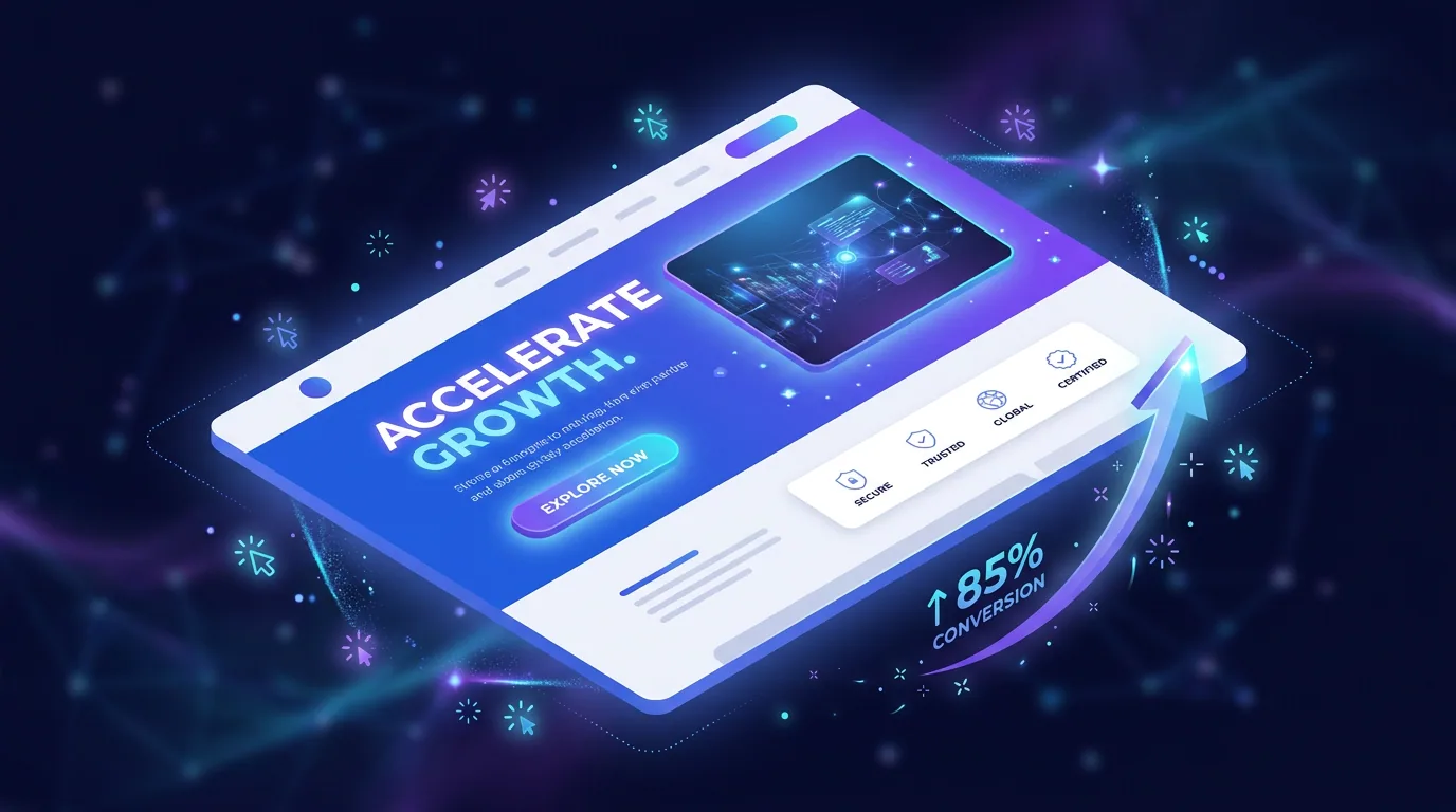 High-converting landing page concept with a clear headline, single call-to-action button, and rising conversion graph