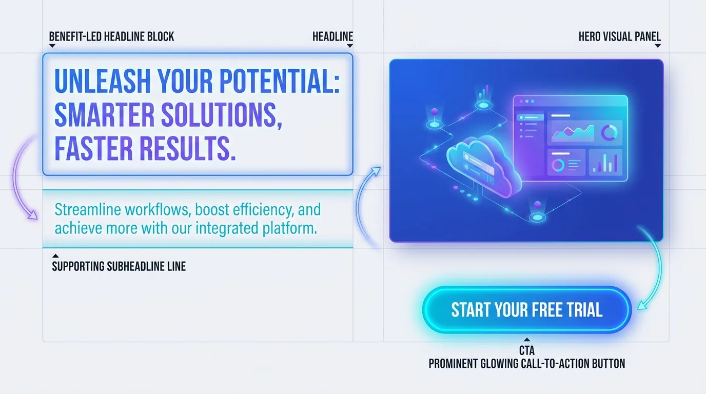 Above-the-fold landing page anatomy showing a benefit-led headline, subheadline, hero image, and primary CTA button