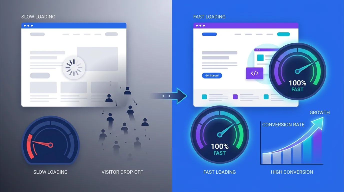 Landing page speed and conversion relationship shown as a fast-loading page with a rising conversion gauge